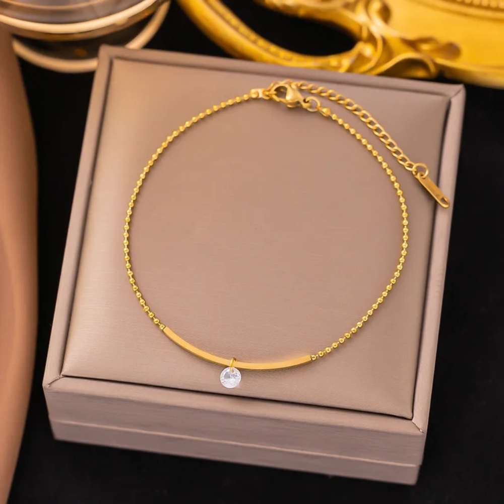 Simple Casual Style Gold Plated Beaded Anklet with Gemstone Drop - Picture 12 of 12